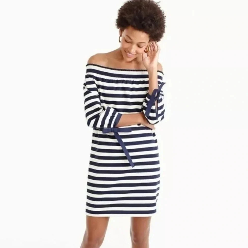 J. Crew Striped Off The Shoulders Navy Muslin Dress Size S Small Bow Tie